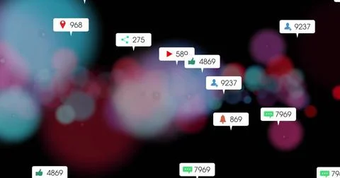 Displaying speech-bubble notification icons floating over black backdrop, with Stock Illustration