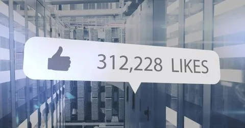 Displaying speech bubble showing 312,228 likes above data center with server Stock Illustration