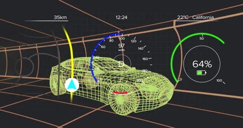 Displaying speed, distance, and battery, digital car dashboard with animation Stock Footage 303419001