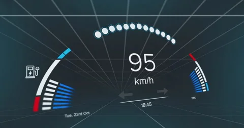 Displaying speed, fuel level, and date, digital dashboard with futuristic Stock Footage 303472168