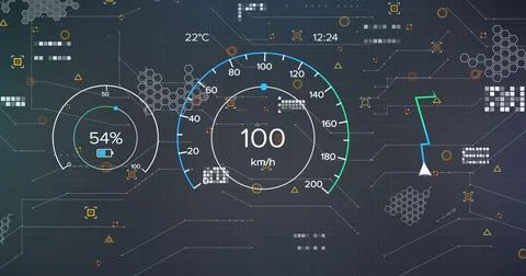 Displaying speedometer at 100 km or h on panel with metrics, navigation route, Stockfoto's