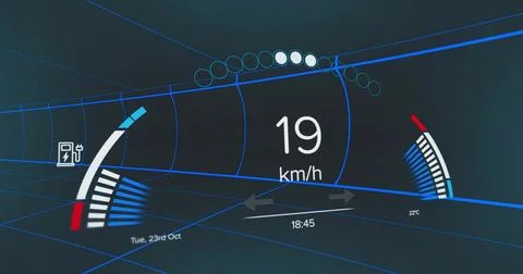 Displaying speedometer showing 19 km or h in virtual cockpit, with gauges, icons Stock-Illustration