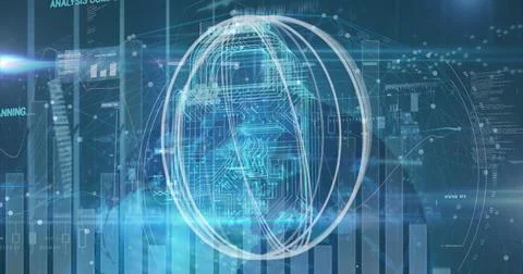Displaying sphere showing circuit pattern in hub, with charts, network diagrams Stock Photos