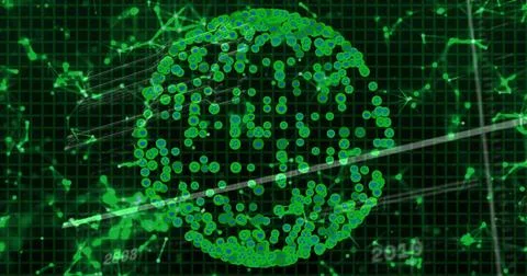 Displaying spherical green node network at digital grid interface, with diagonal Stock Illustration