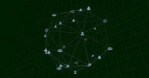 Displaying spherical network graph emerging in virtual grid, with light blue Stock Illustration