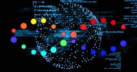 Displaying spherical network pulsing in virtual space, with colored nodes and  Foto stock