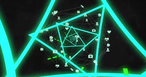 Displaying spiraling network in virtual space, with neon lines, icons, 스톡 일러스트