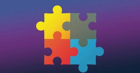 Displaying square of four interlocking jigsaw pieces on purple gradient Stock Photos