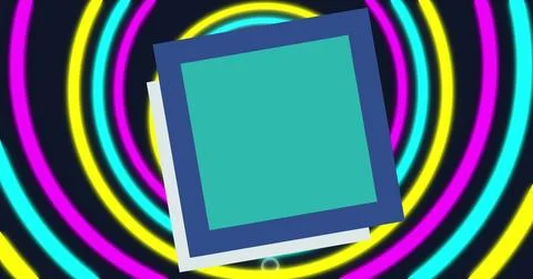 Displaying square stack with white base and blue-bordered teal square on dark 스톡 사진