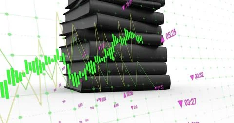 Displaying stack of black hardcover books on grid plane, showing translucent Stock Photos