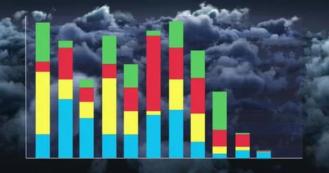 Displaying stacked bar chart with colored segments on dark cloudy sky background Stock Photos