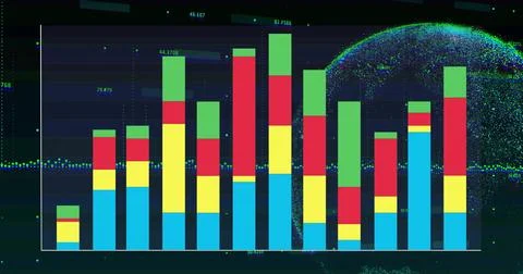 Displaying stacked bar chart on data dashboard with numeric labels, dotted line Stock Photos
