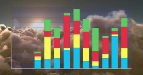 Displaying stacked bar chart with multicolored segments over sunrise cloudscape, 写真素材