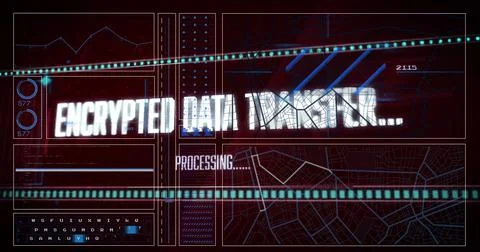 Displaying status text panel processing encrypted transfer on computer monitor, 스톡 사진