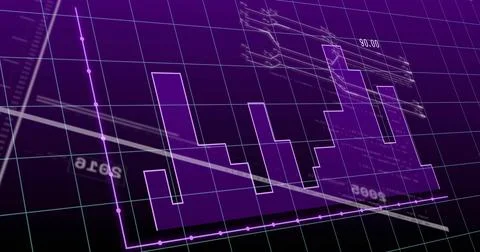 Displaying stepped purple bar chart, magenta line with nodes and gray trend line Stock Illustration