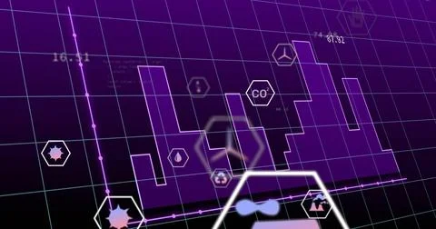 Displaying stepped purple bar chart on virtual dashboard, showing white hexagon Stock Photos