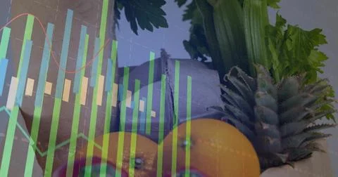Displaying still-life with oranges, pineapple crown on wood crate, foliage and Stock Photos