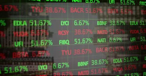 Displaying stock ticker scrolling data on glass panel with grid lines, symbols Ilustración de archivo