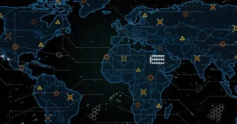 Displaying styled map with neon blue lines on dark UI, showing yellow warnings, 스톡 일러스트
