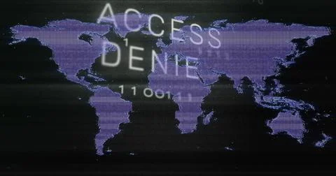 Displaying styled purple world map glitching on monitor showing ACCESS DENIED Stock Photos