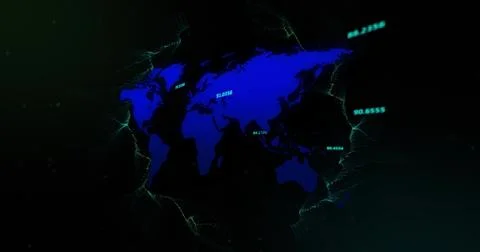 Displaying stylish deep blue world map glowing in virtual studio, with neon Stock Photos