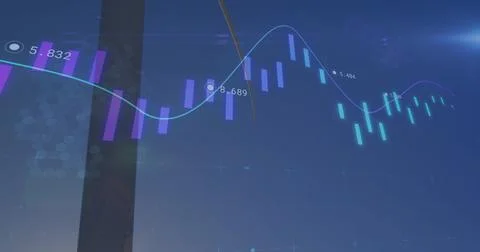 Displaying stylish financial chart with candlestick bars and cyan trend line on Stock Photos