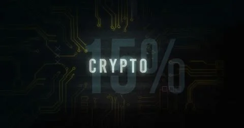 Displaying stylized 15% CRYPTO text hovering over technology interface, with Stockfoto's
