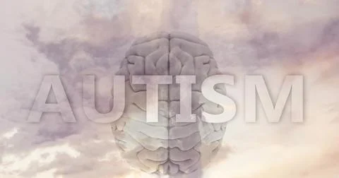 Displaying stylized 3D brain floating in conceptual studio, with AUTISM text and Stock Illustration