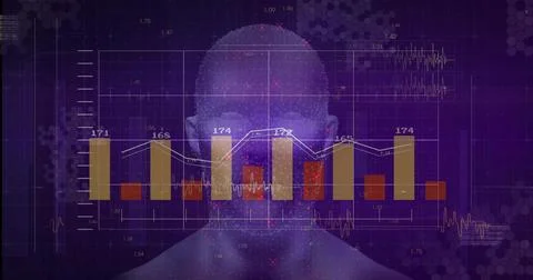 Displaying stylized 3D bust glowing in purple-blue virtual dashboard, showing Stock Illustration