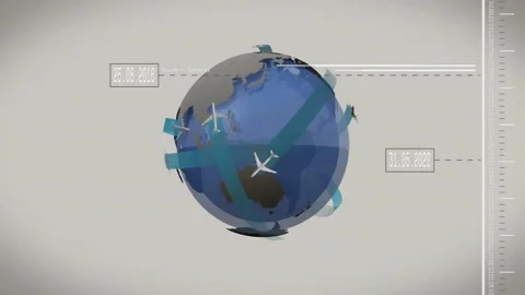 Displaying stylized 3D globe rotating in layout showing flight paths with date Stock Footage 309066952