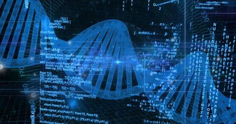 Displaying stylized 3D wireframe DNA helix floating over grid lines, with code 库存照片
