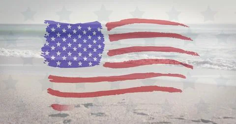 Displaying stylized American flag overlay drifting over sandy beach, showing Stock Illustration