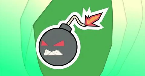 Displaying stylized black bomb with angry face against green background, with Stock Illustration