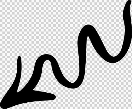 Displaying stylized black squiggly arrow aiming lower left in flat design on Stock Illustration