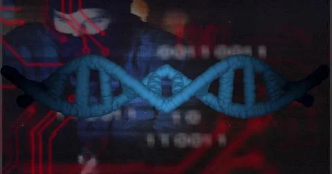Displaying stylized blue DNA double helix glowing over dark tech backdrop with Stock Illustration