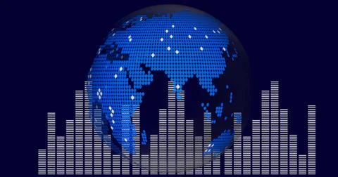 Displaying stylized blue globe pulsing with data nodes in graphic studio, with Stock Illustration
