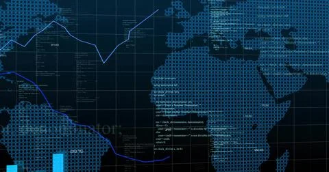 Displaying stylized blue grid world map with line graphs, bar charts and code Stock Illustration