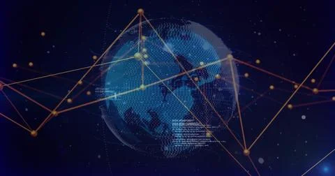 Displaying stylized blue pointcloud globe rotating on digital display, with o Stock Illustration