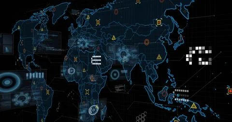 Displaying stylized blue world map showing holographic HUD and scanning rings Stock Illustration