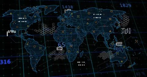 Displaying stylized blue world map on data console, showing hex clusters, イラスト素材