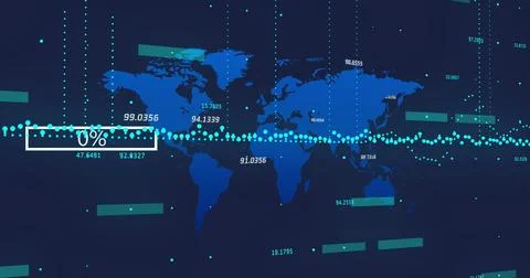 Displaying stylized blue world map on dashboard, with progress bar, turquoise Stock Photos