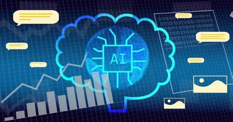 Displaying stylized brain outline with AI microchip and globe on dark blue grid, Stock Illustration