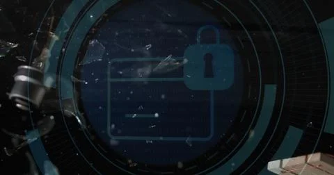 Displaying stylized browser window featuring padlock icon on dark cyber HUD, 写真素材