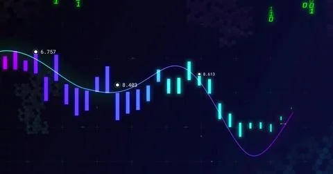 Displaying stylized candlestick bars on dark dashboard, with neon trendline and Stock Photos