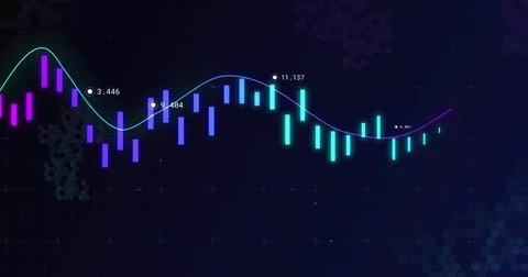 Displaying stylized candlestick chart glowing on digital dashboard, with curved 스톡 일러스트