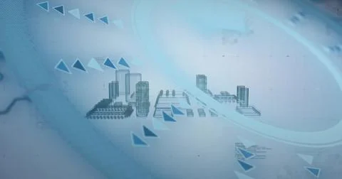 Displaying stylized cityscape floating in virtual interface, with arrow motifs, 库存插图