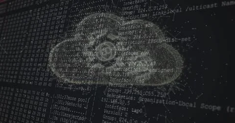 Displaying stylized cloud network over code matrix, showing nodes and lines with Stockfoto's