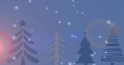 Displaying stylized conifer trees across winter gradient sky, with snowflakes, Stock Illustration
