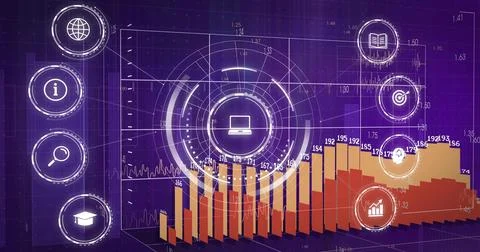 Displaying stylized dashboard showing 3D bar chart with numeric labels and HUD Stock Illustration