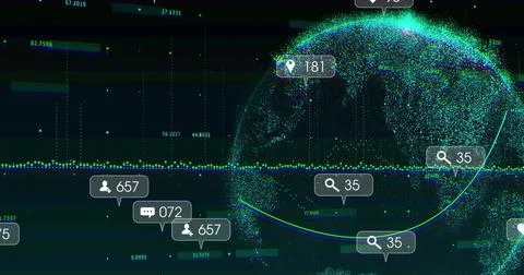 Displaying stylized data globe in virtual dashboard, with floating metric Stock Illustration
